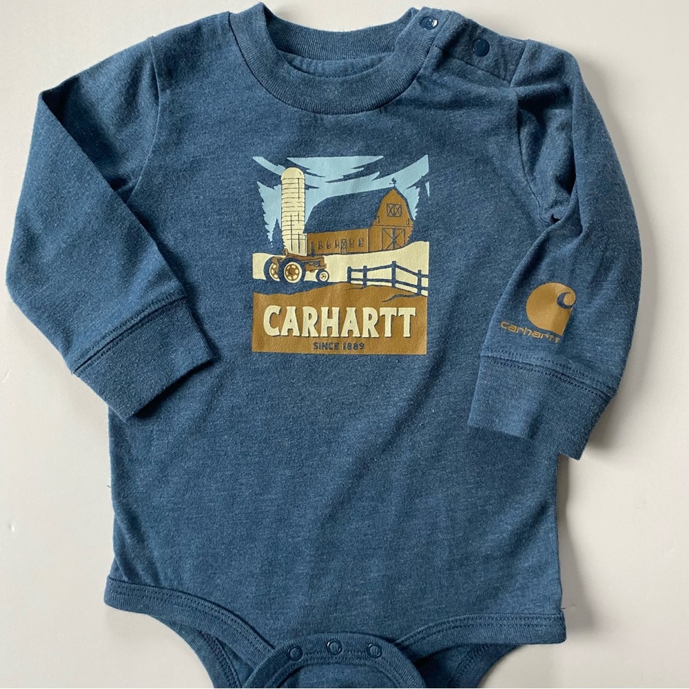 Carhartt Shirt Size 9 Months Blue Long Sleeve Bodysuit Blue Snap Barn Tractor